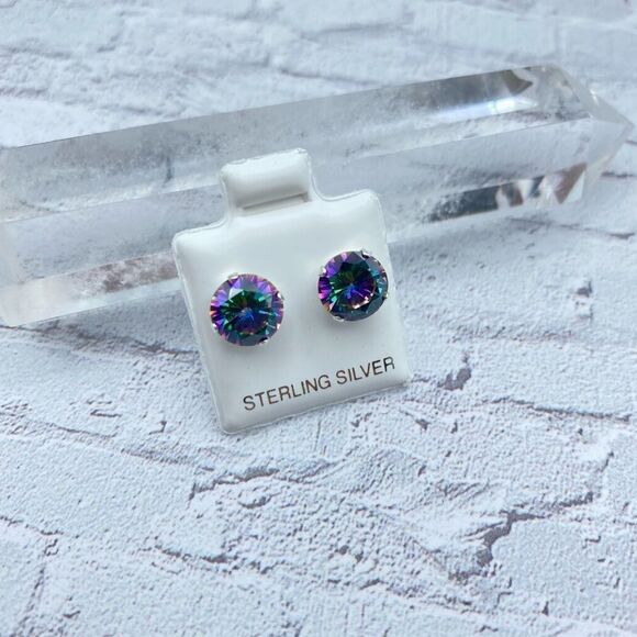 Rainbow Topaz CZ 8mm Sterling Silver Stud Earrings - Picture 1 of 5